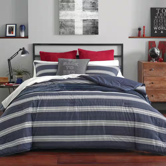 Craver 2-Piece Navy Blue Striped Cotton Twin/Twin XL Duvet Cover Set